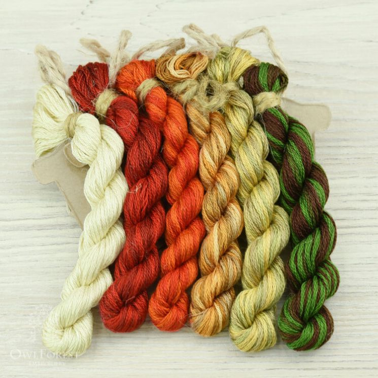 НМул-Мух-3322 Набор ниток OwlForest для схемы «Мухоморчики» (DMC) 28, 32, 36 каунт в 2 нити, 40 каун