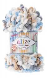 5946 Пряжа Alize PUFFY FINE COLOR - белый/серый/бежевый/бирюза